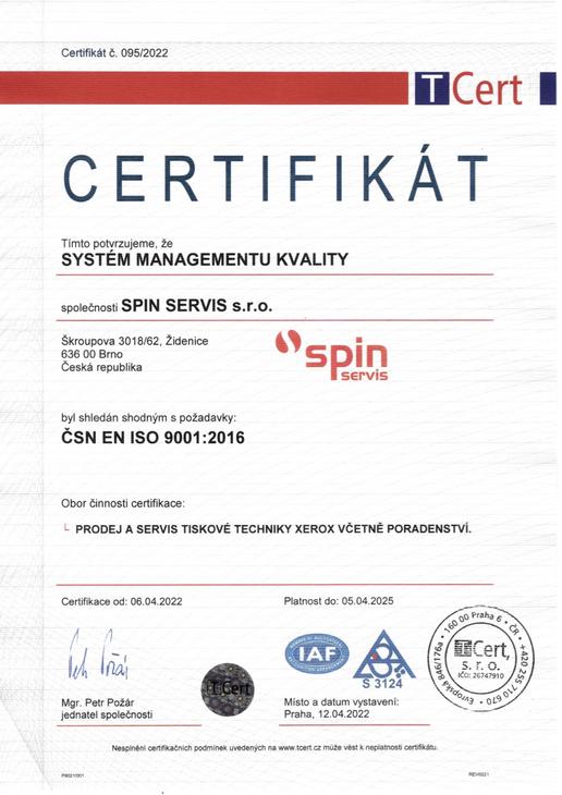 Certifikát QMS_SPIN SERVIS s.r.o